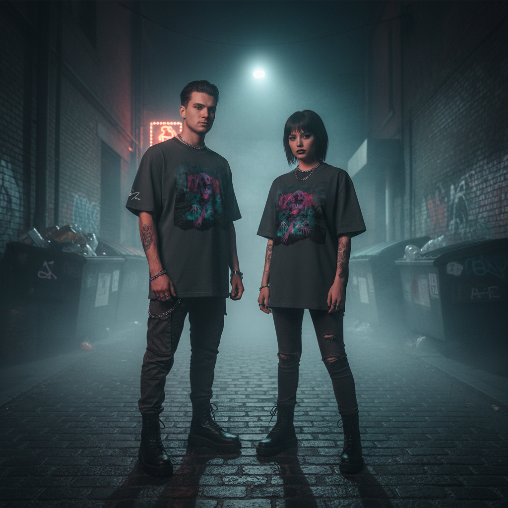 Schwarzes oversized t-shirt crawling dark series mit lebhaften pinken und grünen grafikprints