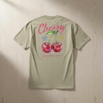 Ein oversized bio-t-shirt cherry summer in hellolivgrün mit einem lebendigen aquarell-motiv von roten kirschen und pinkem schriftzug