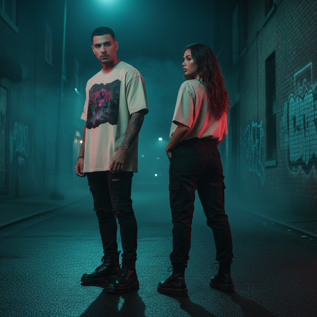 Der mann trägt ein beige oversized t-shirt mit schwarzem und pinkem grafikdruck aus der dark series namens crawling