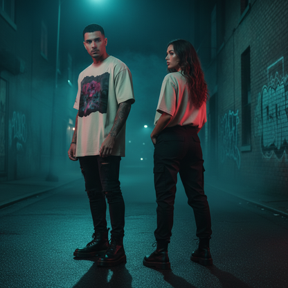 Der mann trägt ein beige oversized t-shirt mit schwarzem und pinkem grafikdruck aus der dark series namens crawling