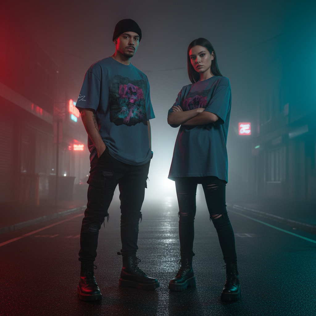 Zwei personen tragen oversized tshirts crawling dark series in dunkelgrün mit pink-lila schädelgrafik vorne