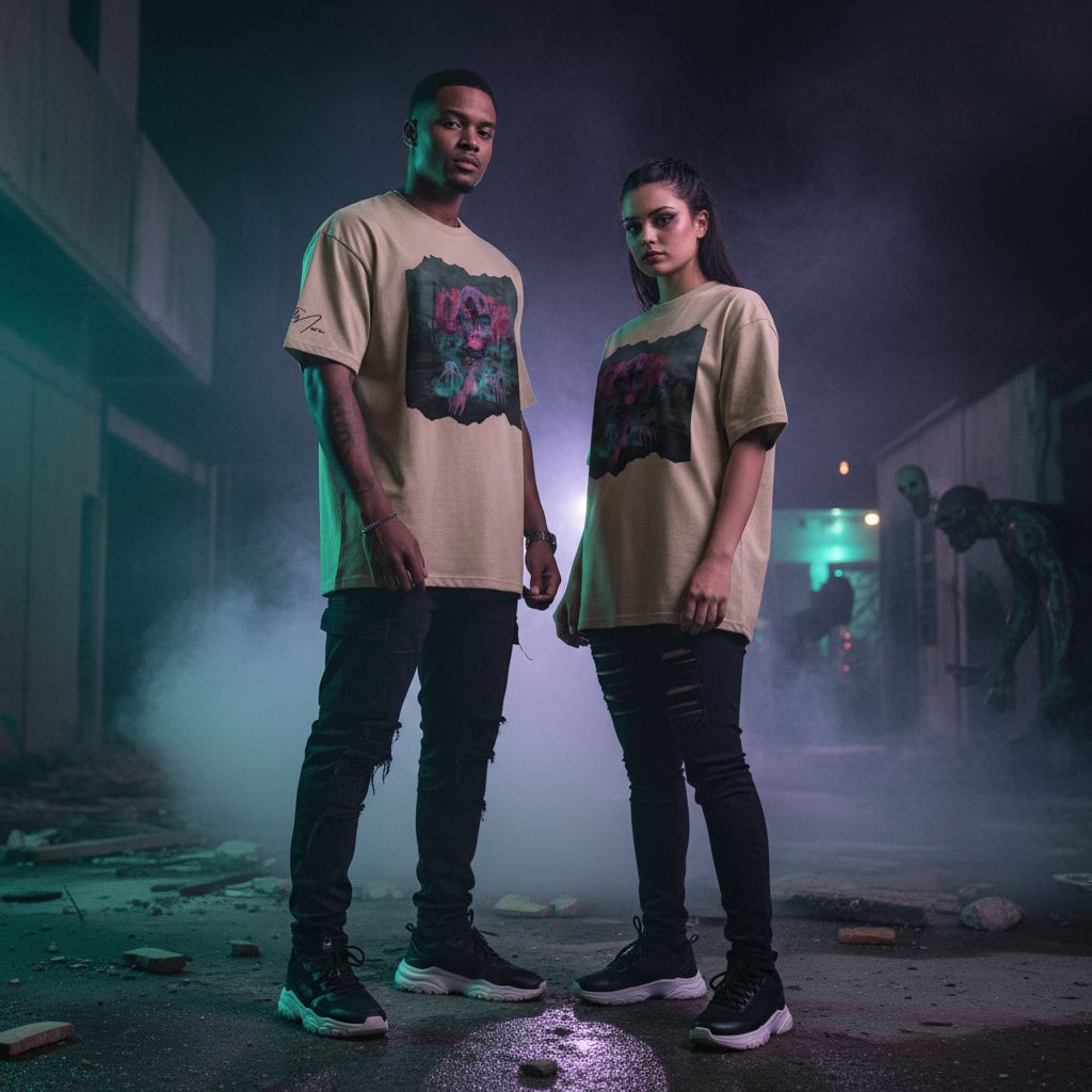 Beiges oversized t-shirt crawling dark series mit lebendigem, distressed grafikdruck in pink und türkis