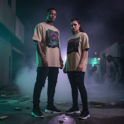 Beiges oversized t-shirt crawling dark series mit lebendigem, distressed grafikdruck in pink und türkis