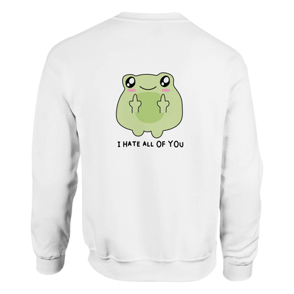 Weißer sweatshirt mit grünem cartoonfrosch und sarkastischem ich hasse euch alle design