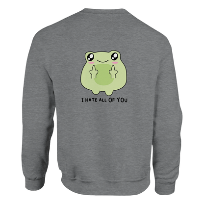 Grauer heather pullover mit süßem hellgrünem cartoonfrosch mit rosa wangen und sarkastischem mittelfinger-design