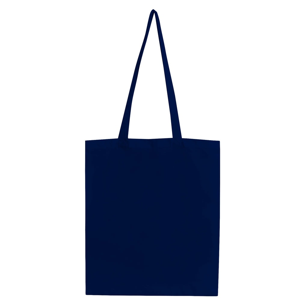 Marineblaue Jutebeutel-Tasche mit langen Henkeln von flyliving, aus Bio-Baumwolle und leer.