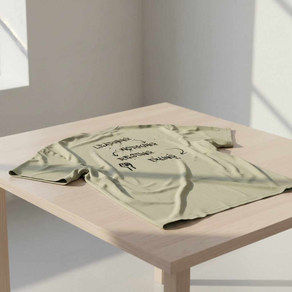 Washed sage green oversized heavy cotton t-shirt by flyliving, featuring 'LEARNING-DYING' graphic with a fist, laid flat.