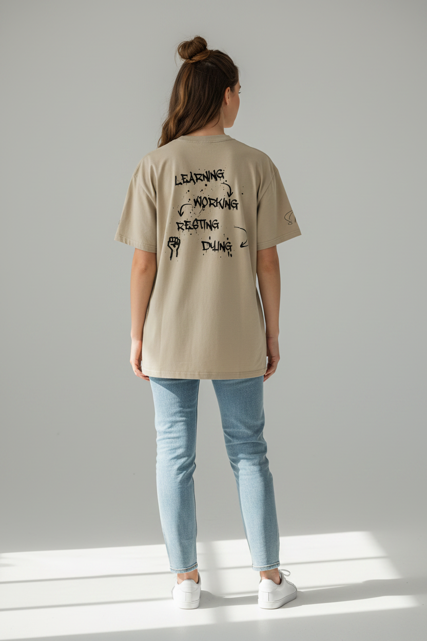 Oversized heavy cotton t-shirt by flyliving in washed beige, featuring a 'LEARNING-DYING' cycle graphic on the back.