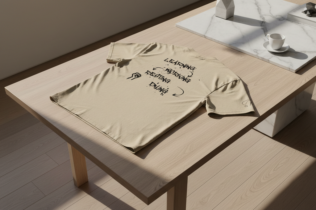 Beige heavy cotton oversized T-shirt by flyliving, with a washed 90s look and a black 'LEARNING-WORKING-RESTING-DYING' cycle graphic on the back.