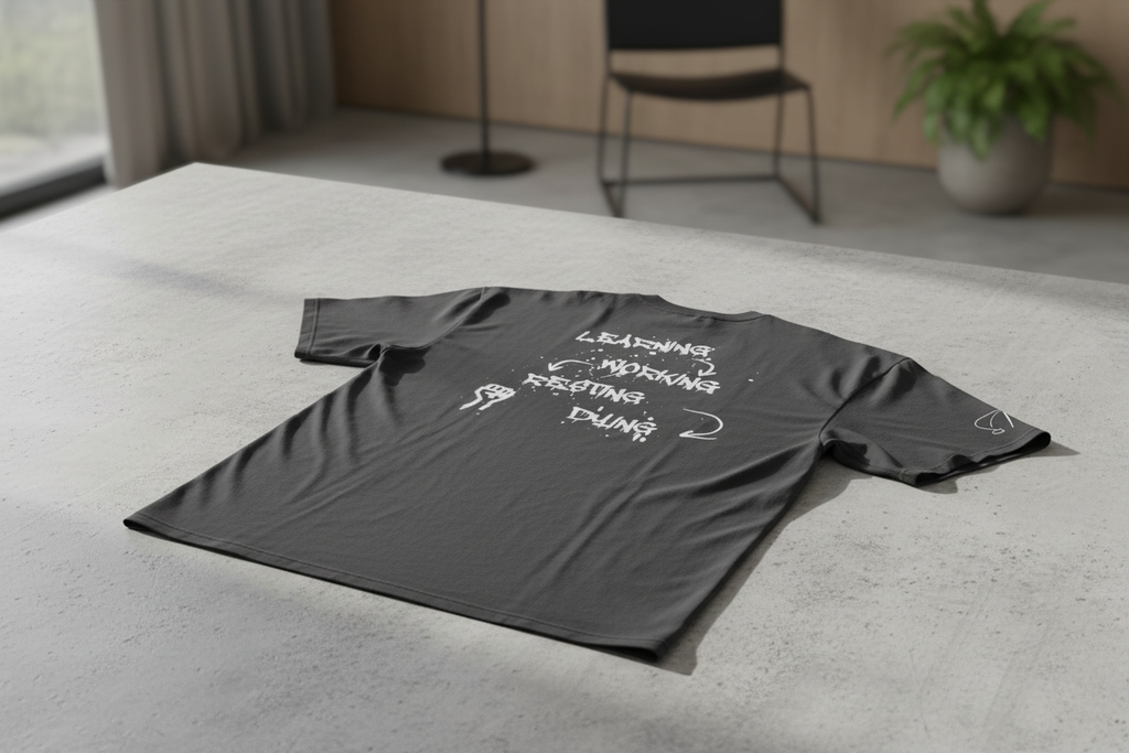 Dark grey oversized cotton t-shirt by flyliving, featuring 'LEARNING WORKING RESTING DYING' text and a raised fist on the back, plus a spade icon on the sleeve.