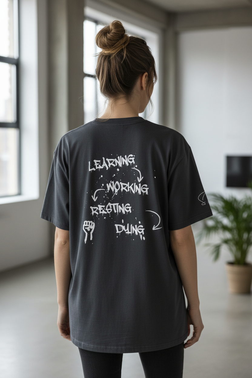 Dark grey oversized heavy cotton t-shirt by flyliving with a washed 90s look, featuring a 'LEARNING WORKING RESTING DYING' graphic and a raised fist on the back.