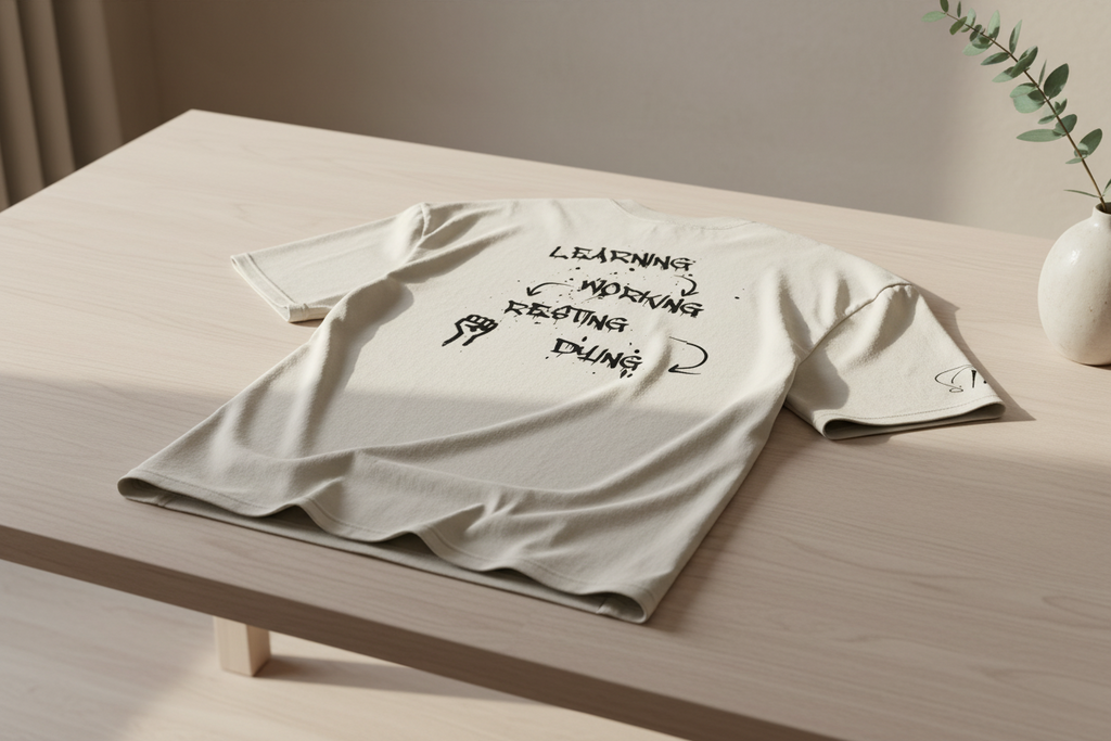 Cream heavy cotton oversized t-shirt by flyliving in a washed 90s-look, featuring a distressed 'LEARNING-DYING' back graphic.