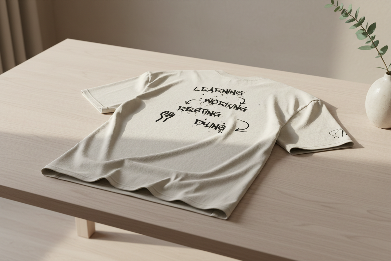 Cream heavy cotton oversized t-shirt by flyliving in a washed 90s-look, featuring a distressed 'LEARNING-DYING' back graphic.