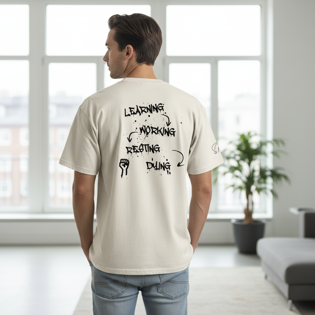 Light cream oversized T-shirt by flyliving, back view, featuring a black graffiti-style 'LEARNING, WORKING, RESTING, DYING' cycle graphic with a fist symbol.
