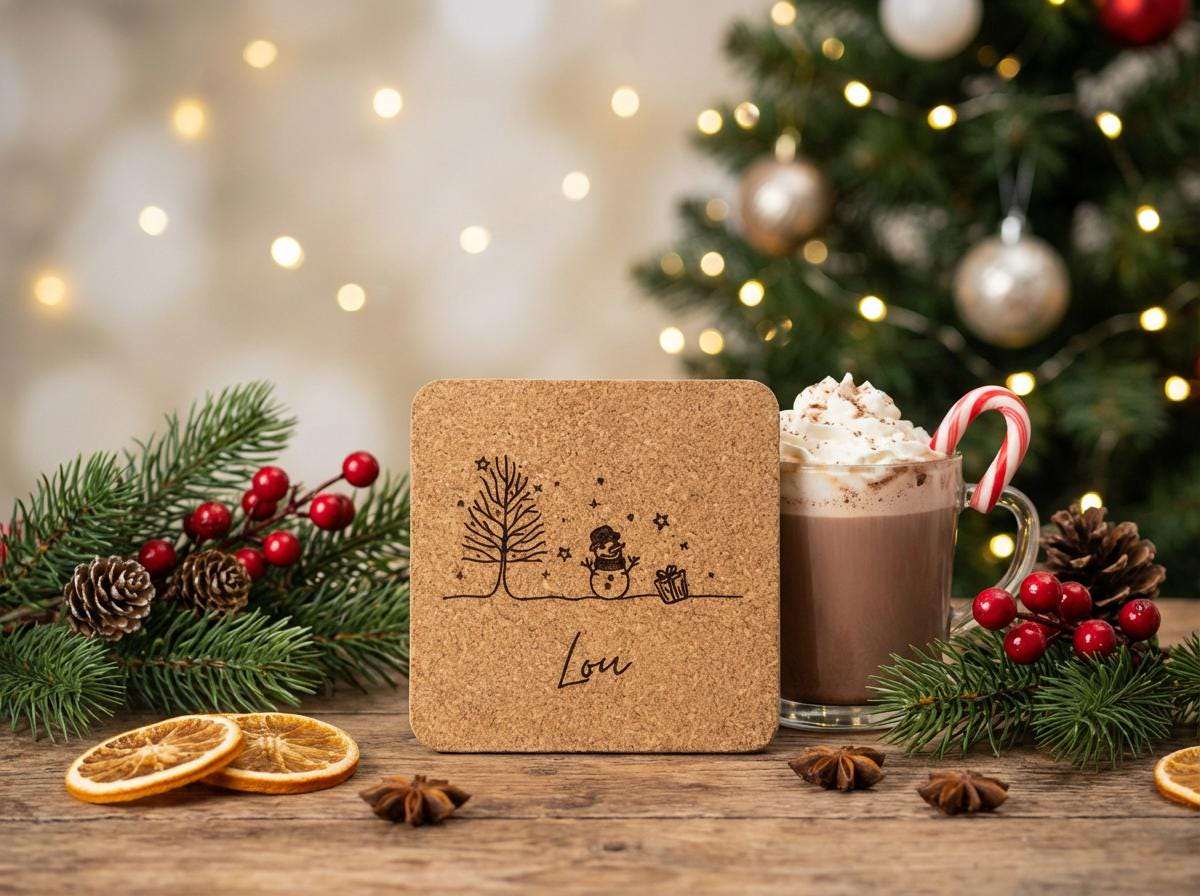 Personalisierter Kork Untersetzer, eckig, Weihnachten mit Namen Wichtelgeschenk & Tischdeko 6 Designs, Graviertes Weihnachtsgeschenk Set - flyliving