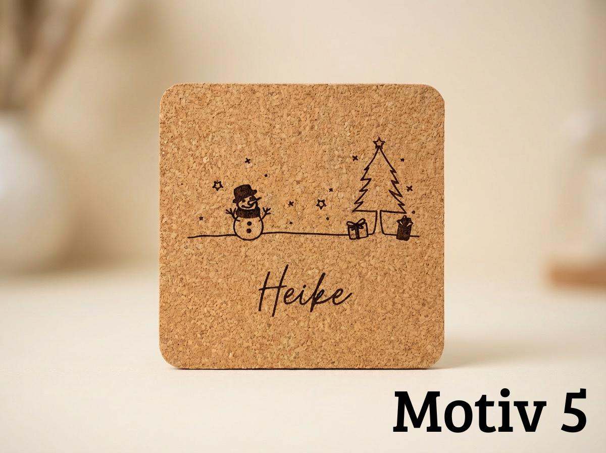 Personalisierter Kork Untersetzer, eckig, Weihnachten mit Namen Wichtelgeschenk & Tischdeko 6 Designs, Graviertes Weihnachtsgeschenk Set - flyliving