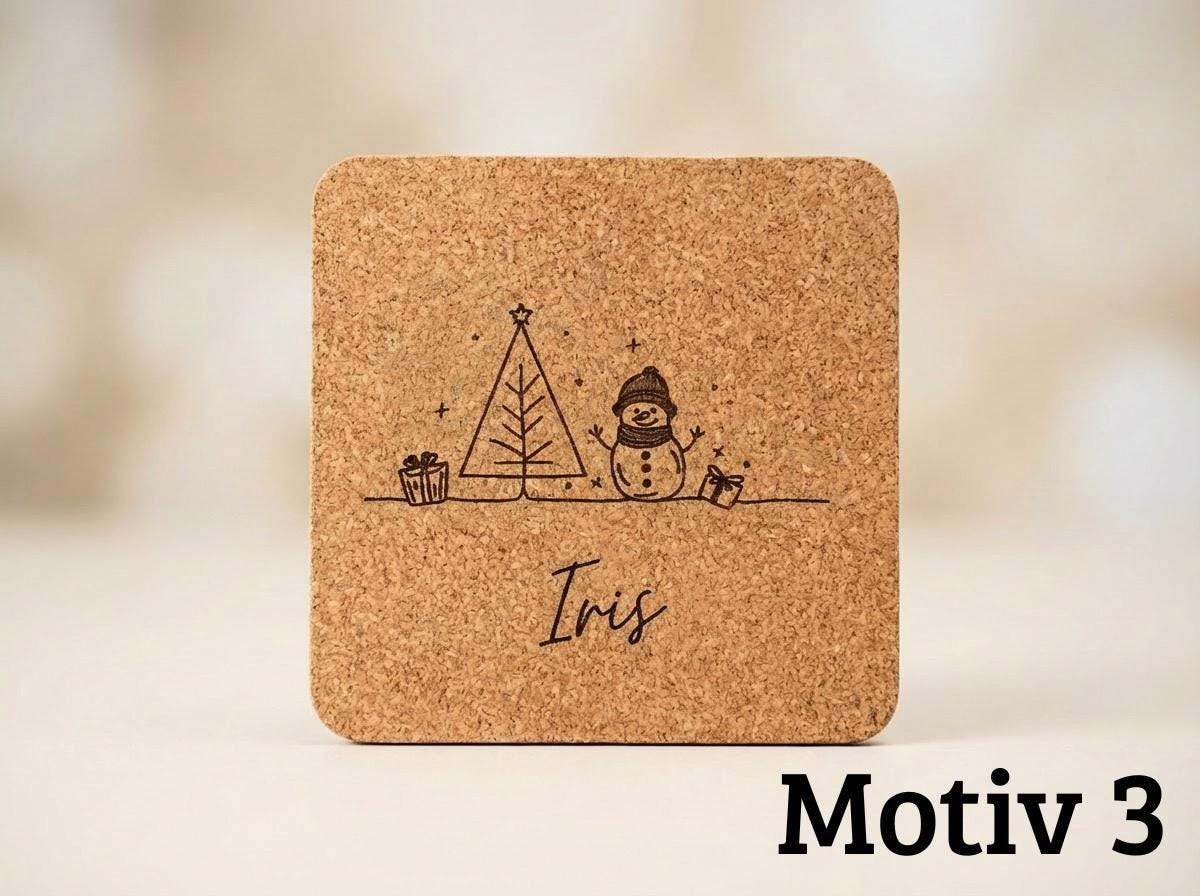 Personalisierter Kork Untersetzer, eckig, Weihnachten mit Namen Wichtelgeschenk & Tischdeko 6 Designs, Graviertes Weihnachtsgeschenk Set - flyliving