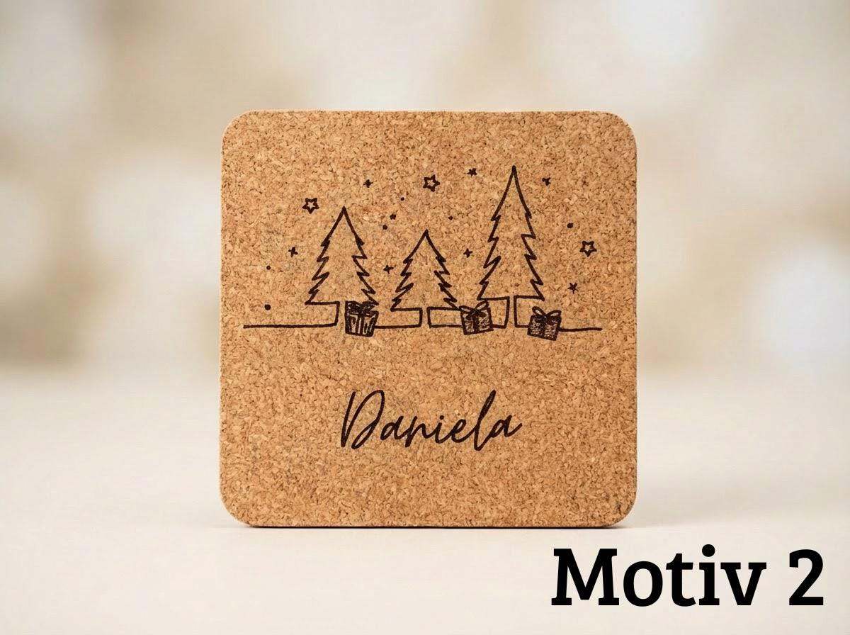 Personalisierter Kork Untersetzer, eckig, Weihnachten mit Namen Wichtelgeschenk & Tischdeko 6 Designs, Graviertes Weihnachtsgeschenk Set - flyliving