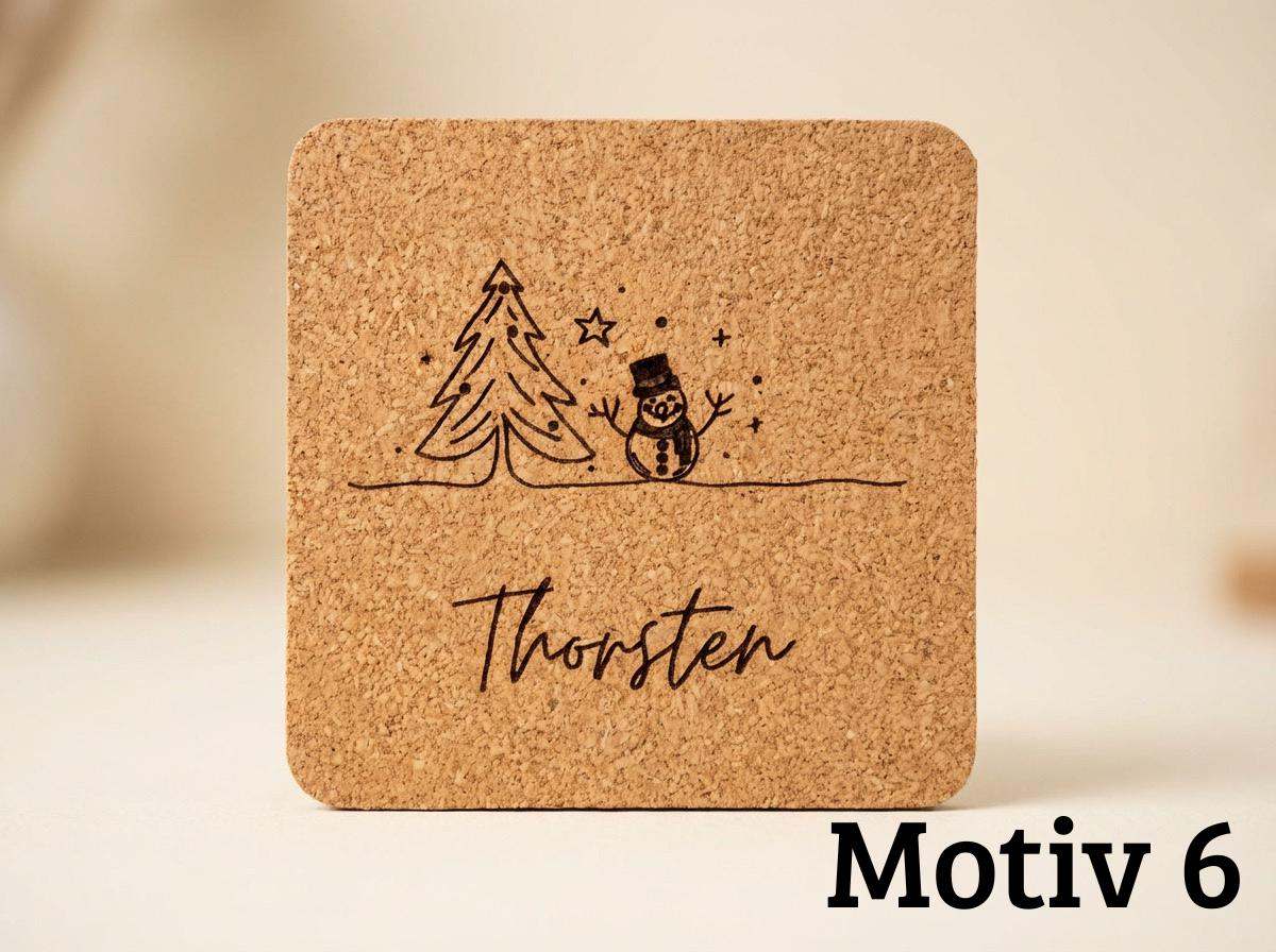 Personalisierter Kork Untersetzer, eckig, Weihnachten mit Namen Wichtelgeschenk & Tischdeko 6 Designs, Graviertes Weihnachtsgeschenk Set - flyliving