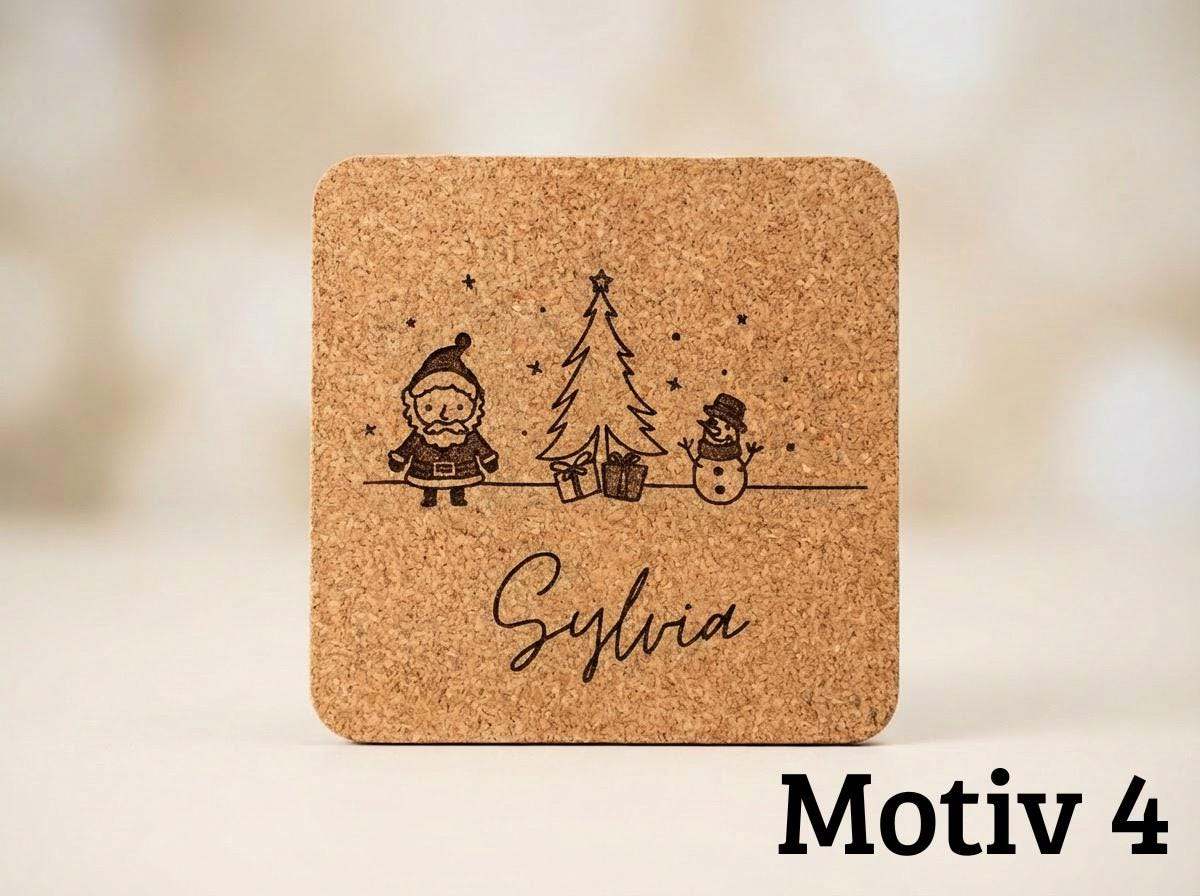 Personalisierter Kork Untersetzer, eckig, Weihnachten mit Namen Wichtelgeschenk & Tischdeko 6 Designs, Graviertes Weihnachtsgeschenk Set - flyliving