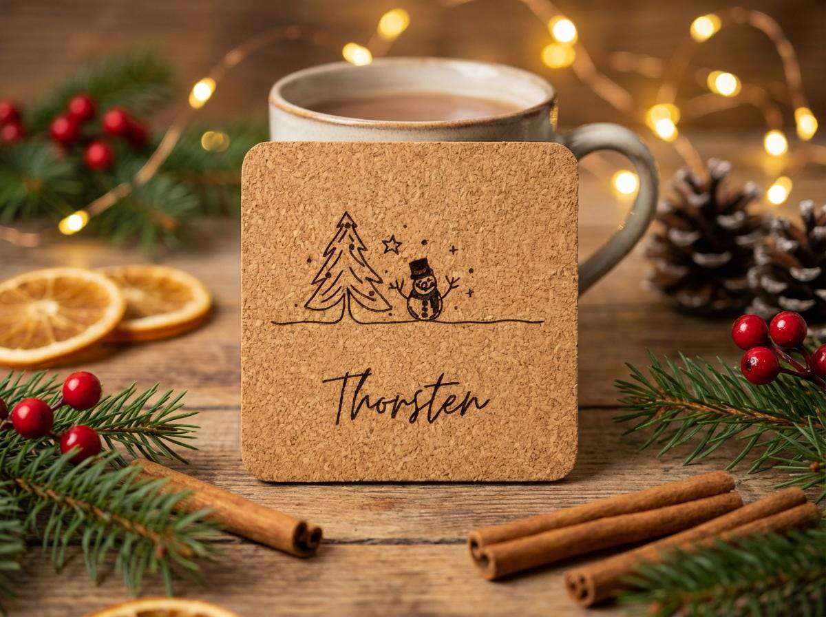 Personalisierter Kork Untersetzer, eckig, Weihnachten mit Namen Wichtelgeschenk & Tischdeko 6 Designs, Graviertes Weihnachtsgeschenk Set - flyliving