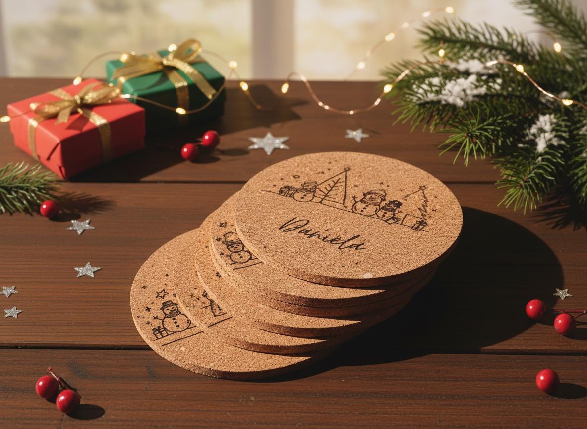 Personalisierter Kork Untersetzer Weihnachten mit Namen Wichtelgeschenk & Tischdeko 6 versch. Designs, Graviertes Weihnachtsgeschenk Set - flyliving