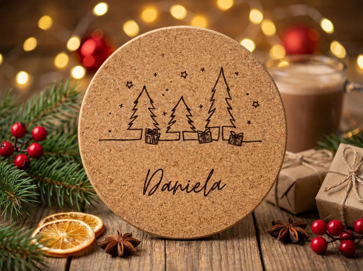 Personalisierter Kork Untersetzer Weihnachten mit Namen Wichtelgeschenk & Tischdeko 6 versch. Designs, Graviertes Weihnachtsgeschenk Set - flyliving