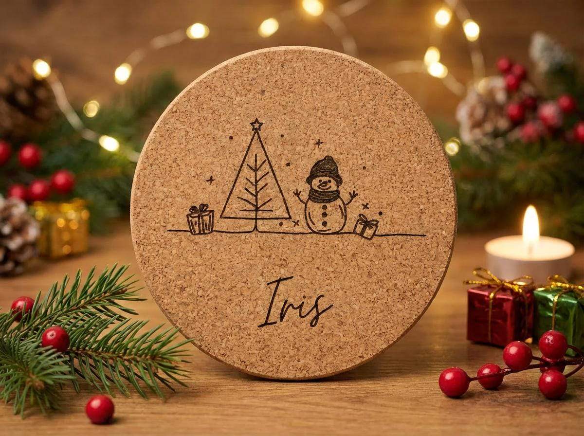Personalisierter Kork Untersetzer Weihnachten mit Namen Wichtelgeschenk & Tischdeko 6 versch. Designs, Graviertes Weihnachtsgeschenk Set - flyliving