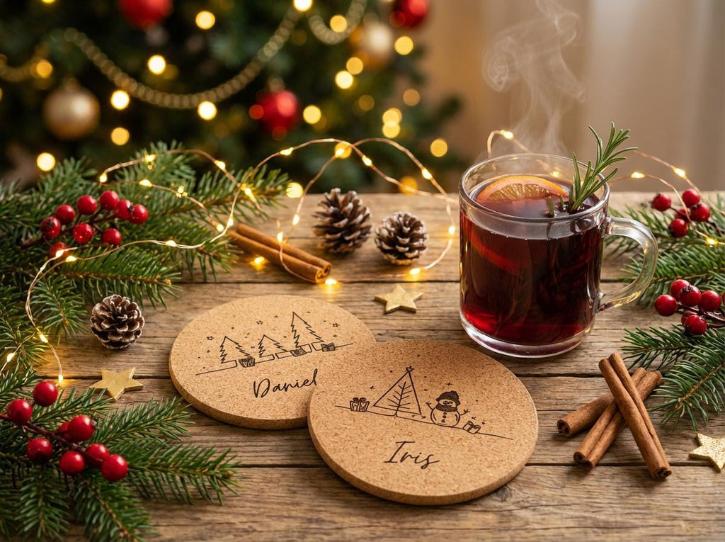 Personalisierter Kork Untersetzer Weihnachten mit Namen Wichtelgeschenk & Tischdeko 6 versch. Designs, Graviertes Weihnachtsgeschenk Set - flyliving