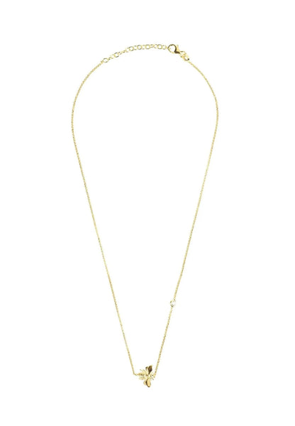 Die LATELITA Halskette "Kunigunde", vergoldet, besteht aus einer zarten Goldkette mit einem kleinen Bienen-Anhänger, der auf weißem Hintergrund abgebildet ist.