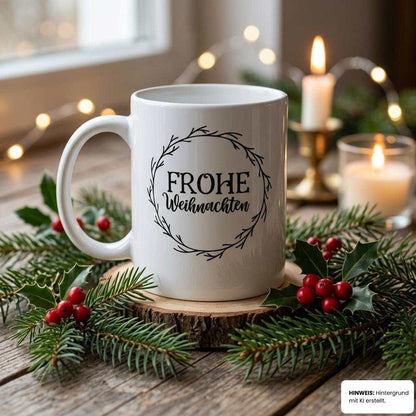 Tasse Rahmen-Serie Frohe Weihnachten auf Holztisch mit Stechpalme und Kerzen – flyliving