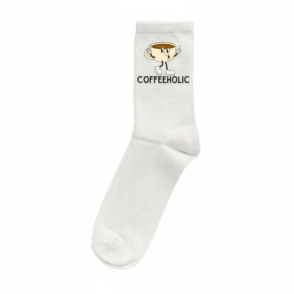 Weiße Socke mit "COFFEEHOLIC" Aufdruck von flyliving und lustiger Kaffee-Illustration.