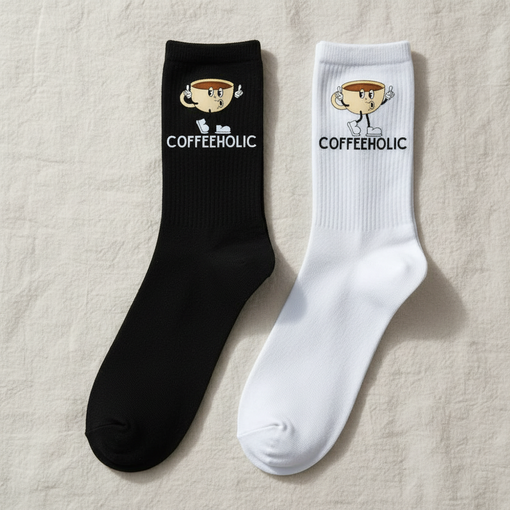 Schwarze und weiße Socken mit "COFFEEHOLIC"-Aufdruck von flyliving, mit Kaffeetassen-Motiv.
