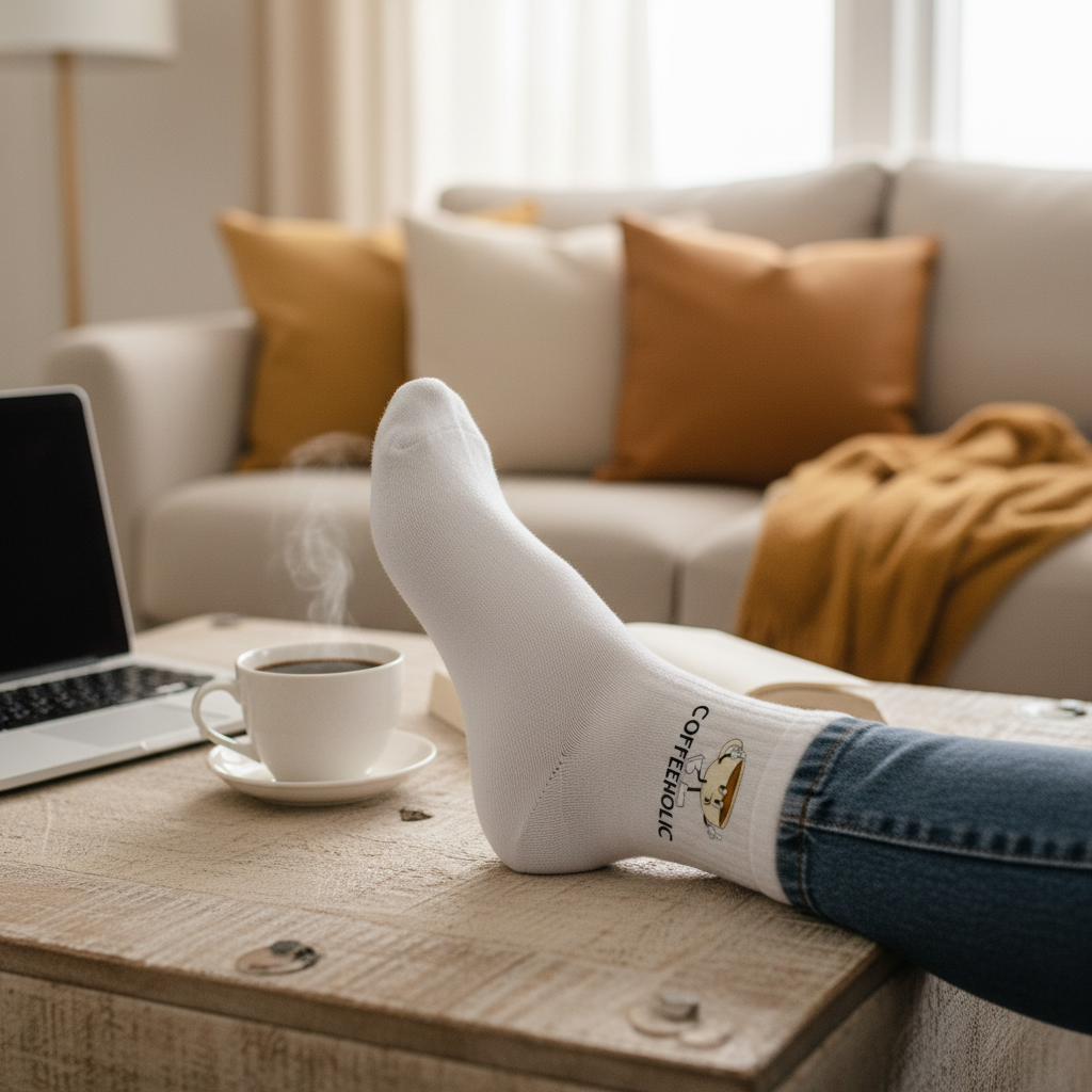 Weiße COFFEEHOLIC Socken von flyliving, mit Kaffee-Motiv, getragen mit Jeans auf einem Holztisch neben einer Tasse Kaffee und einem Laptop.
