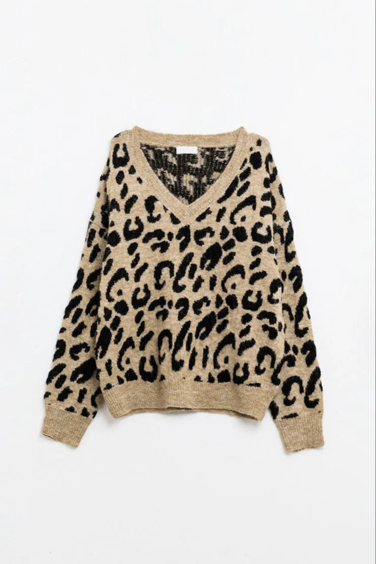 V-Neck Sweater mit Leoparden Print