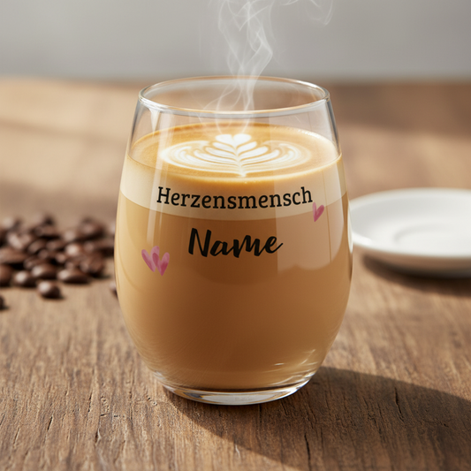 Ein klarer glastummler ohne stiel mit dampfendem latte art herzensmensch und individualisierbarem namen mit rosa herzen