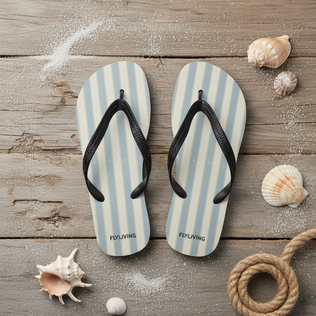 Leichte sommer-flip-flops blue stripes mit hellblau-weißen streifen und schwarzen flyliving riemen perfekt strand pool meer