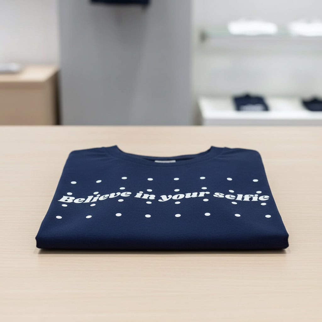 A navy blue cotton T-shirt by flyliving with white "Believe in your selfie" text and polka dots, folded flat.