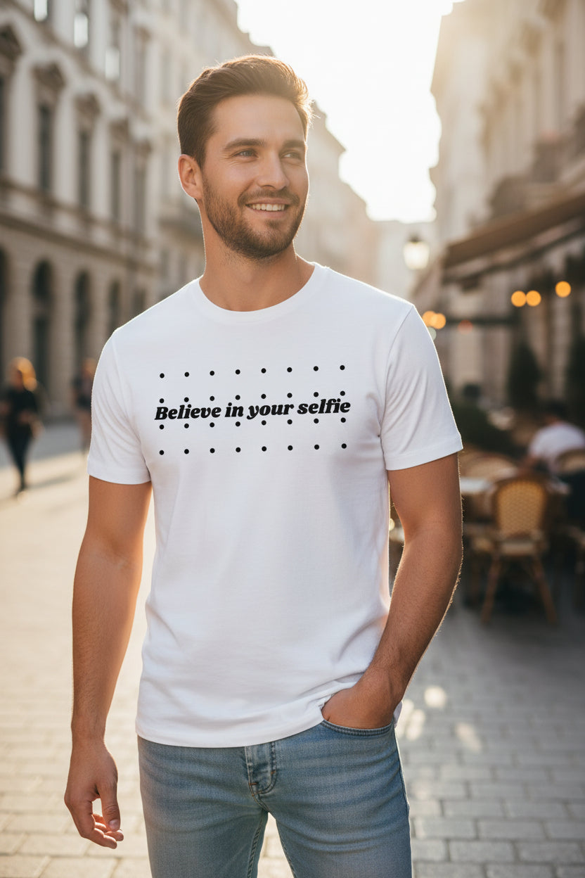 White cotton T-Shirt by flyliving with 'Believe in your selfie' text and black polka dots, worn by a man in light blue jeans.