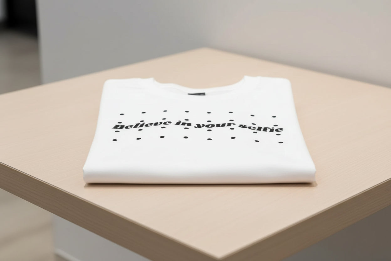 White cotton t-shirt by flyliving with 'Believe in your selfie' text surrounded by black polka dots, folded on a light wooden table.