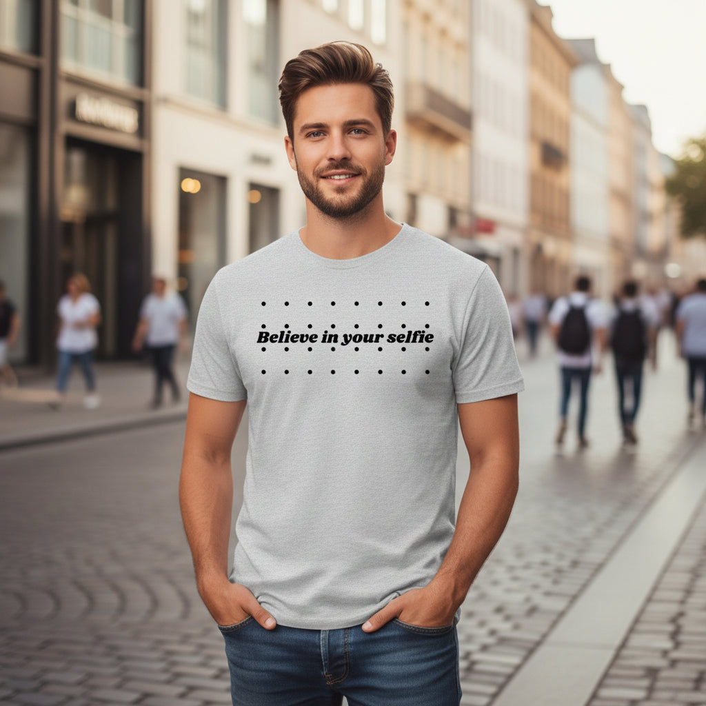 Light gray cotton T-shirt by flyliving featuring "Believe in your selfie" text and black dots, worn by a man.