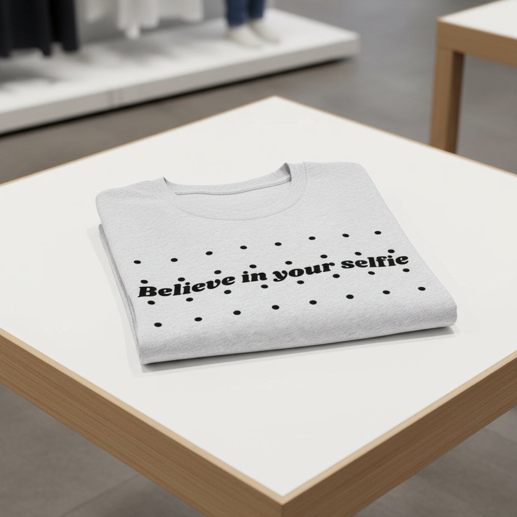 Light gray cotton T-shirt with 'Believe in your selfie' text by flyliving, featuring black polka dots, folded on a white table.