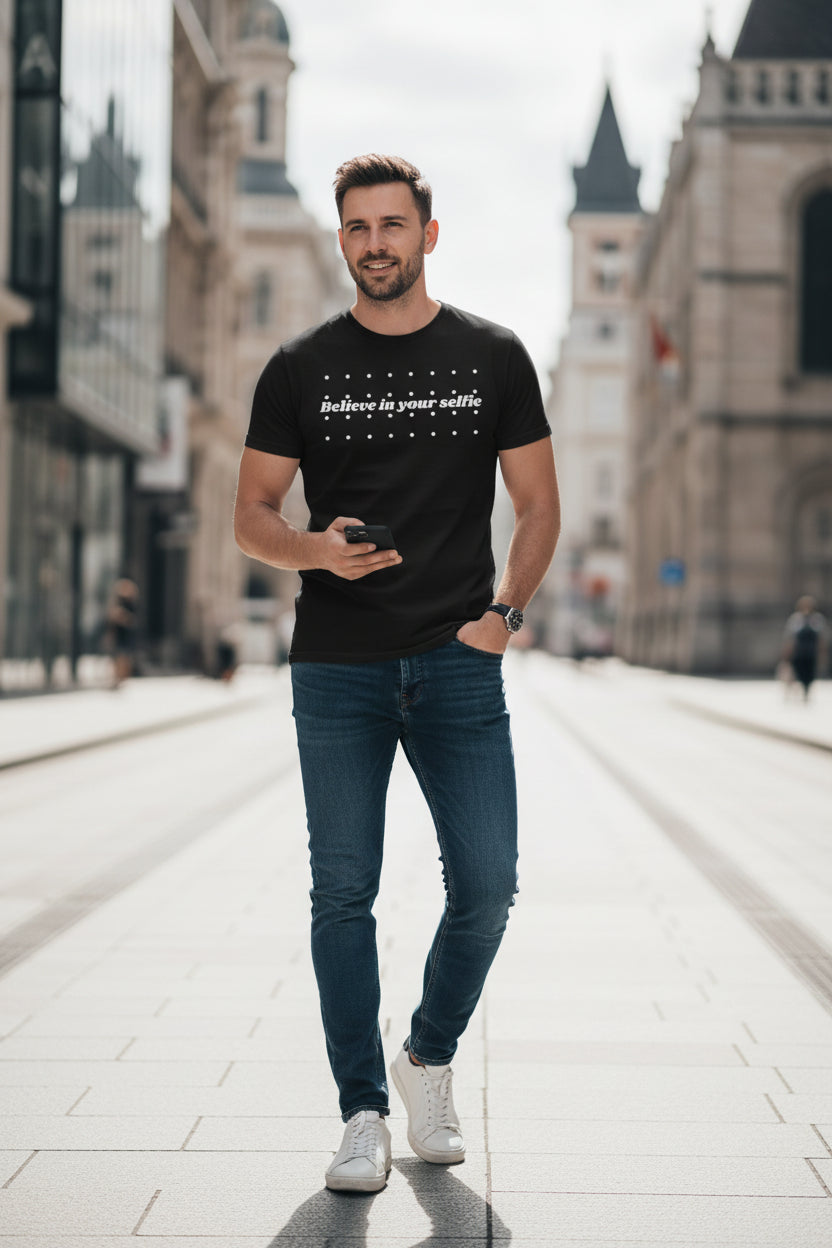 Black cotton statement t-shirt by flyliving with "Believe in your selfie" text and white dots, worn by a man in blue jeans and white sneakers.