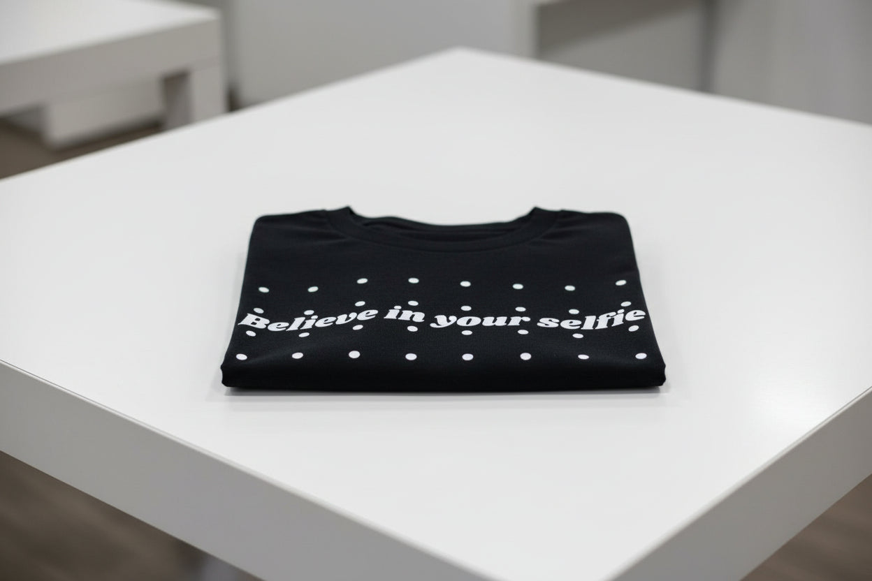 Black cotton t-shirt by flyliving with white "Believe in your selfie" text and polka dots, folded on a white table.