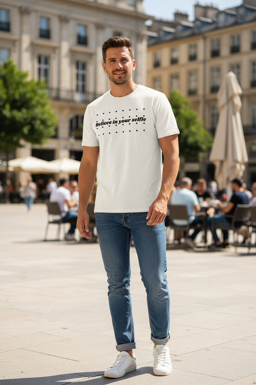 White cotton T-Shirt by flyliving featuring 'Believe in your selfie' text and black dots, styled on a man.