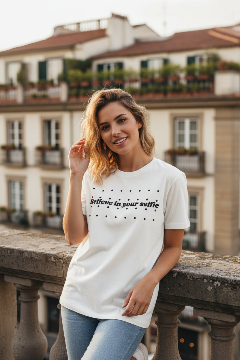 White cotton statement T-shirt by flyliving with "Believe in your selfie" text and black polka dots, worn by a woman.