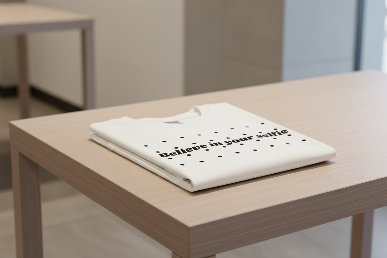 White cotton statement t-shirt by flyliving, folded, with "Believe in your selfie" text and polka dots on a wooden table.