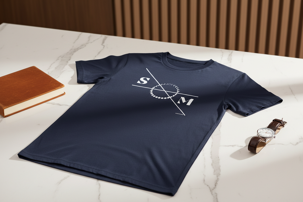 Navy blue cotton T-shirt by flyliving with a white graphic depicting moon phases and the letters 'S' and 'M', displayed flat on a marble surface.