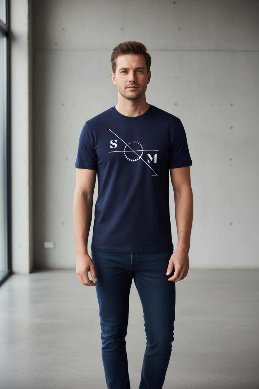 Navy blue unisex cotton t-shirt with a moon phases graphic by flyliving, featuring 'S' and 'M' letters and diagonal lines, worn by a man in dark jeans.