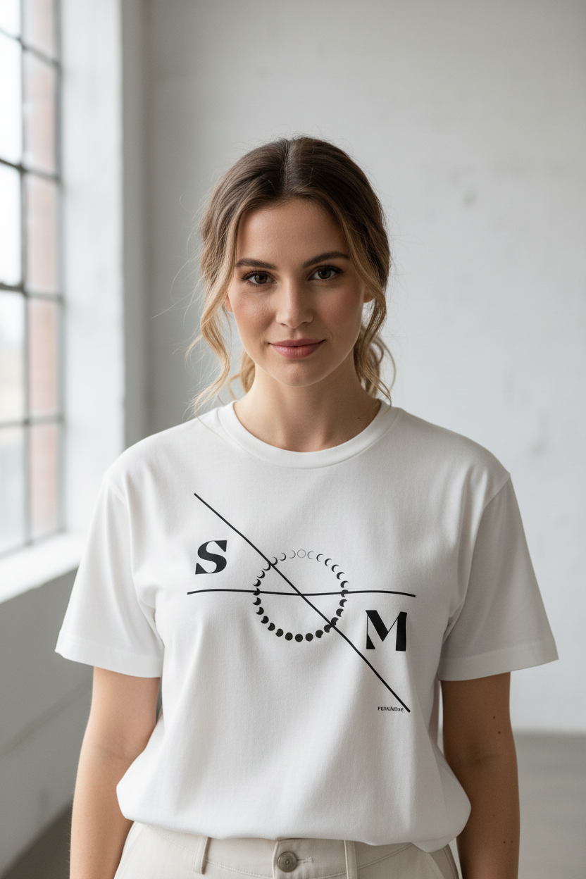 Unisex white cotton T-shirt by flyliving with a black graphic of moon phases, bold S and M letters, and intersecting lines, worn by a woman.